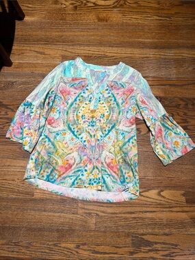 Soft Surroundings Pastel Multicolor Floral Bell-Sleeve Tunic